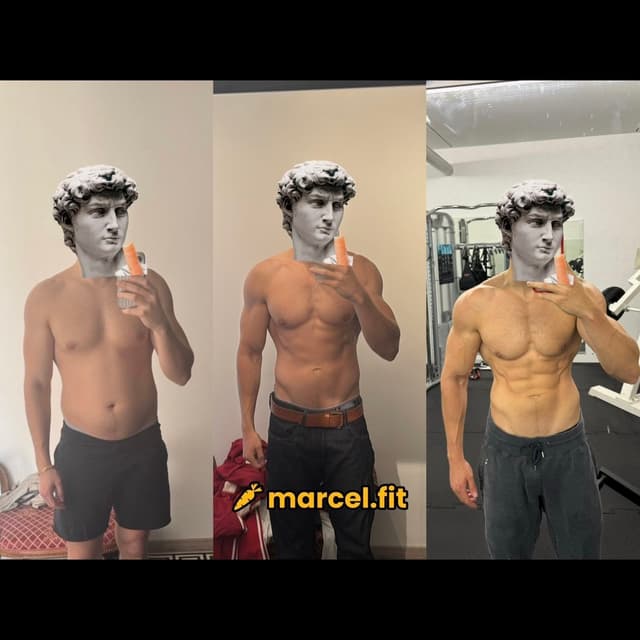 Three side-by-side images show a person with a statue head, progressively gaining muscle. Labeled "marcel.fit."