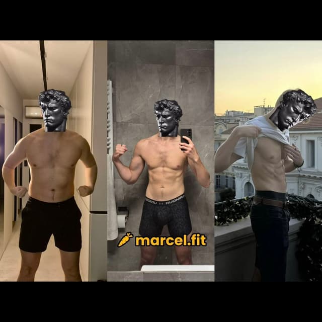 Three side-by-side images showing a shirtless man with a statue head edit, highlighting body transformation progress. "marcel.fit" text appears.