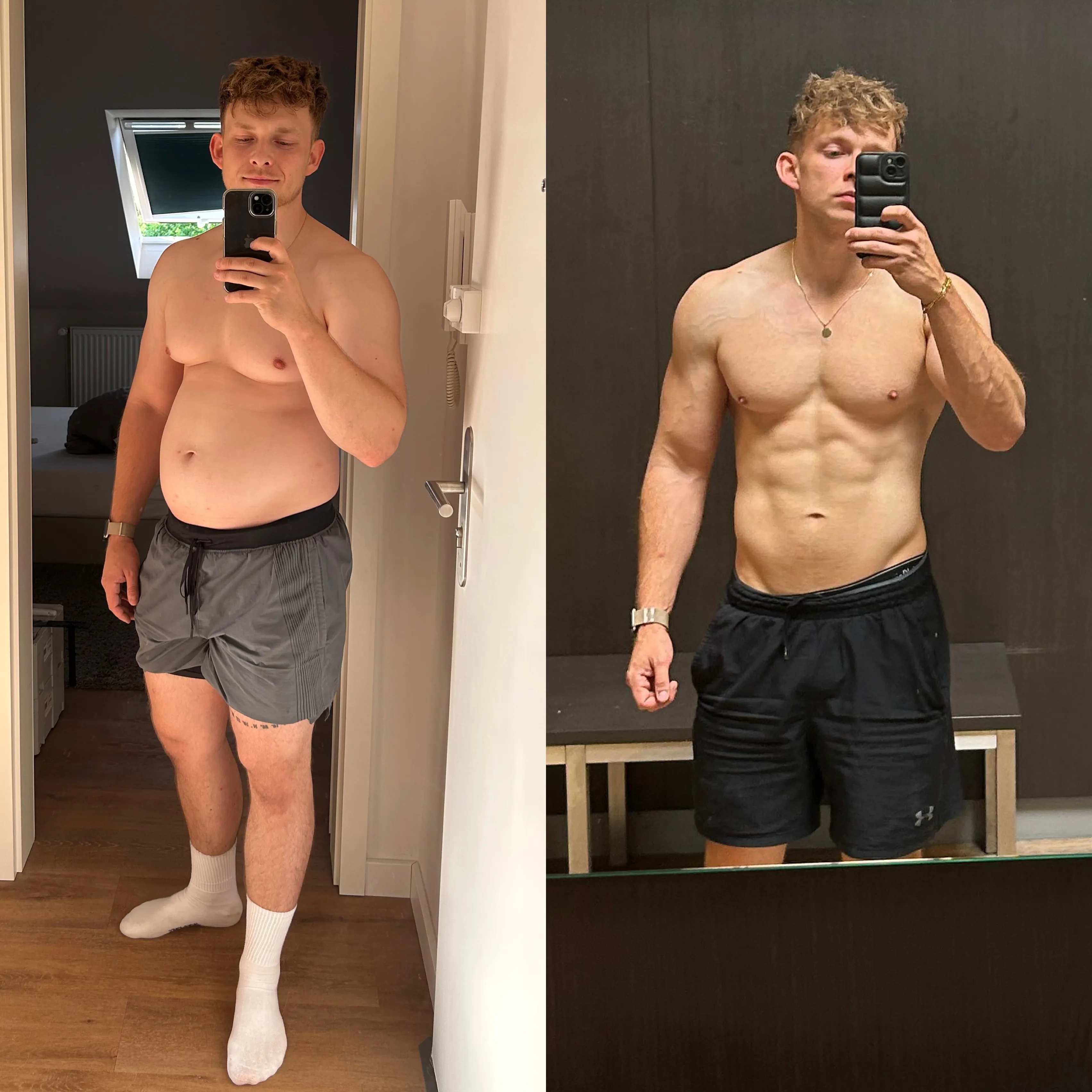 Two side-by-side photos of the same man, showing a body transformation from less defined to muscular physique.