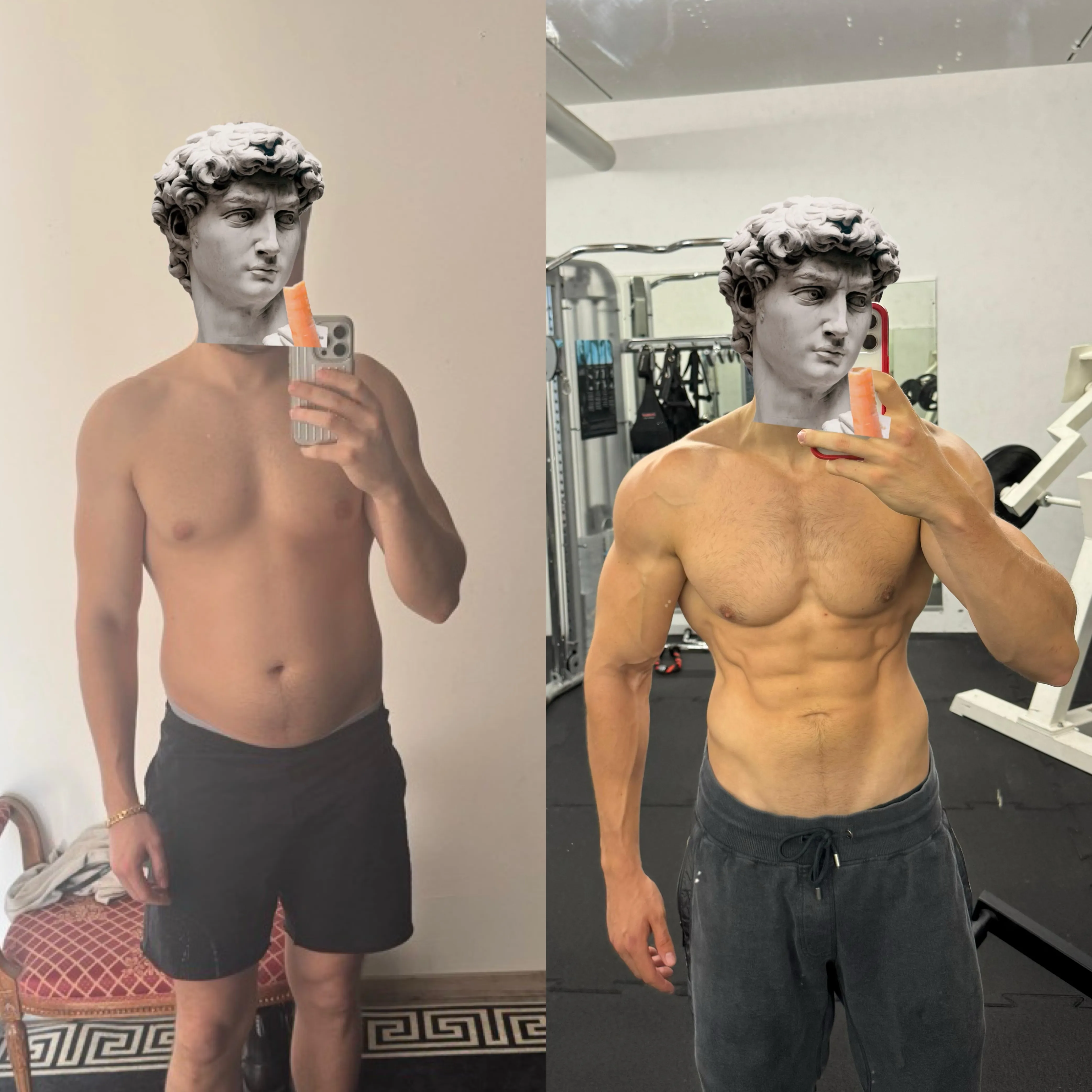 Before and after photo of a fitness transformation. Left: person with less defined muscles. Right: same person with muscular physique in a gym.