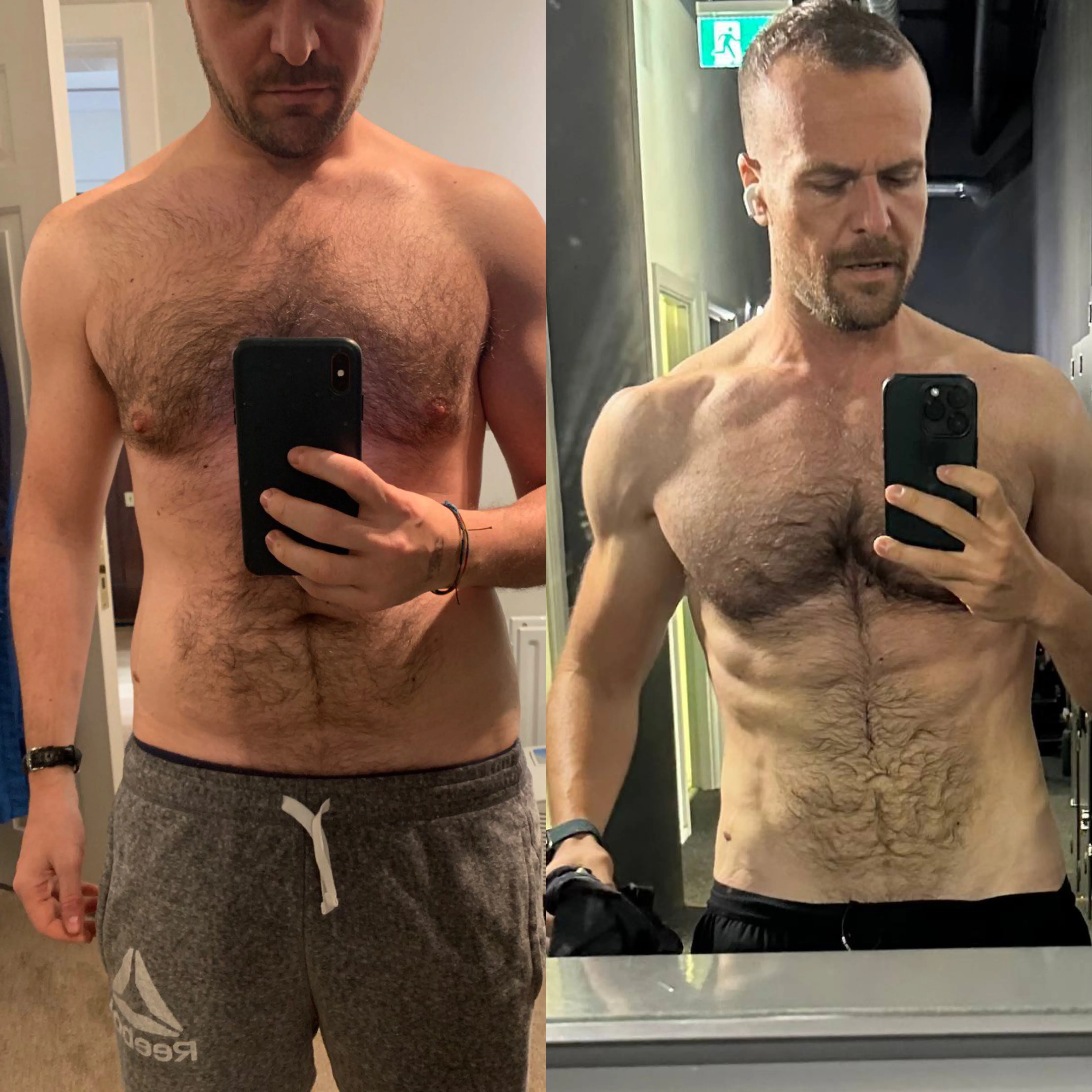 Side-by-side comparison of a shirtless man showing body transformation, with visible muscle definition in the after image.