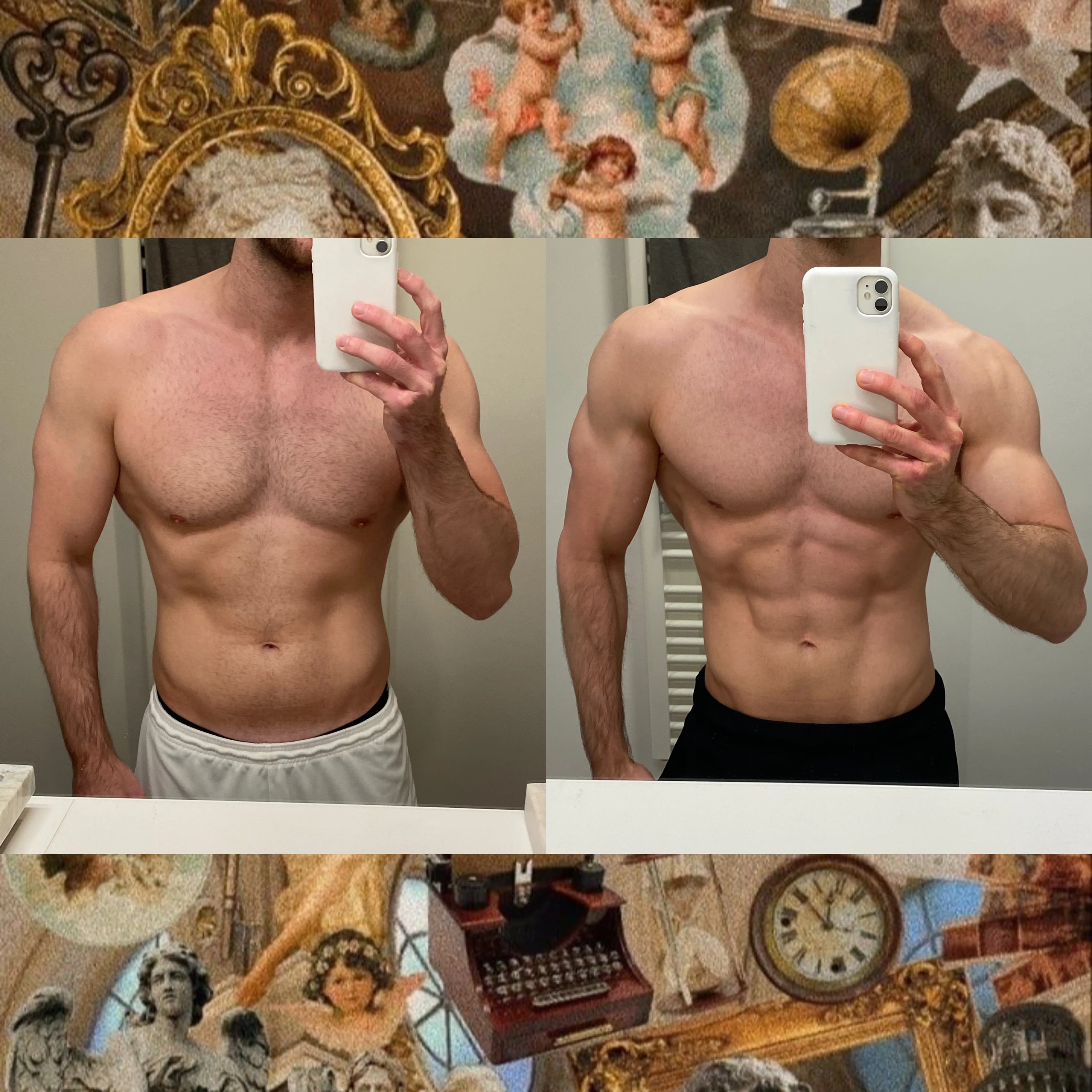 Two side-by-side mirror selfies showing a man's physical transformation, with improved muscle definition in the right image.